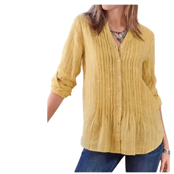 Sundance Yellow 100% Linen Pleated Front Warm Breeze Tunic Top Size Medium - Picture 1 of 6